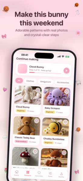 Crochet pattern library organized by category in the Yarny app