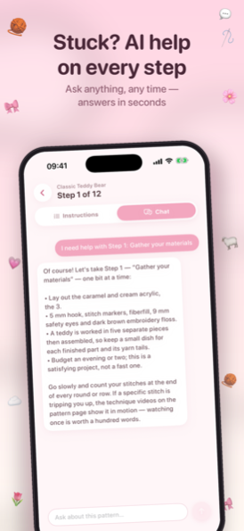 Built-in crochet helper answering a question about a pattern step