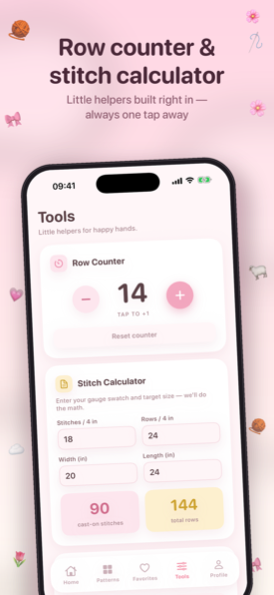 Crochet tools in Yarny: row counter, stitch calculator and yarn color palettes